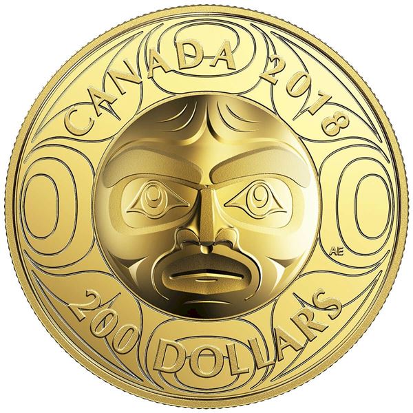 2018 $200 Ultra-High Relief Ancestor Moon Mask - Pure Gold Coin.  Tax Exempt.