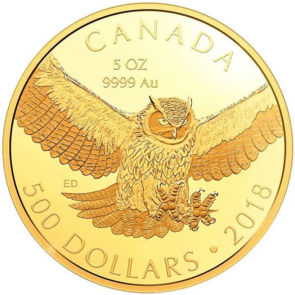 2018 $500 Great Horned Owl - Pure Gold Coin.  Tax Exempt.