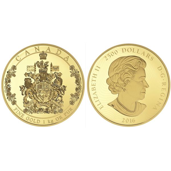 2016 $2500 The Arms of Canada Pure Gold Coin.   Mintage: 10.  Tax Exempt.