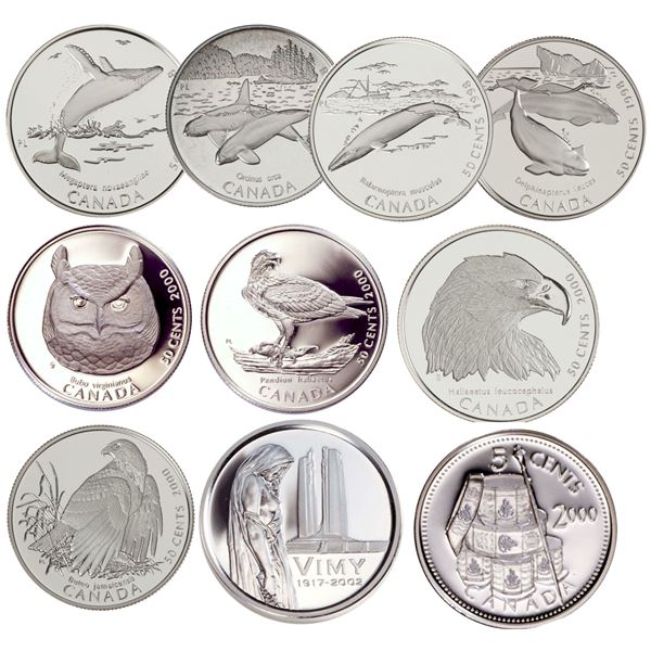 1998 50¢ Canada's Ocean Giants Series, 2000 Canada on the Wing, 2000 5¢ Les Voltigeurs de Quebec & 2