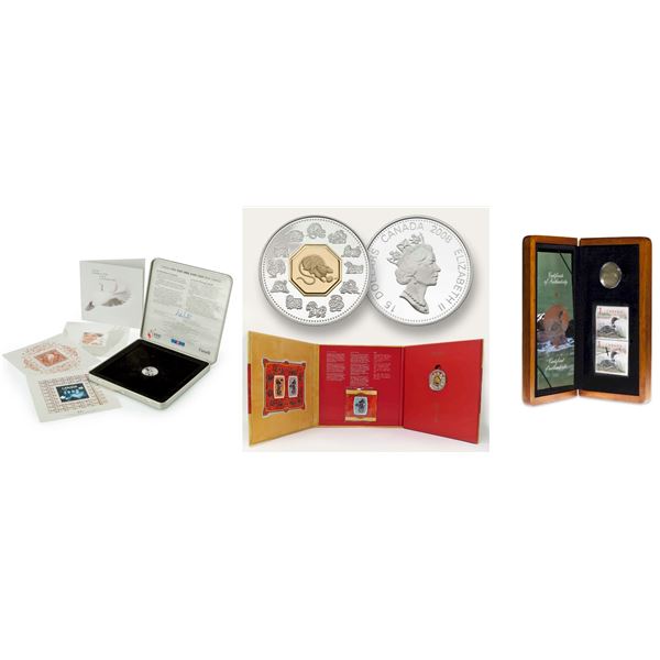 2008 $15 Year of the Rat, 2004 $1 Elusive Loon - Sterling Silver Coin & Stamp Sets & 2000 Millennium