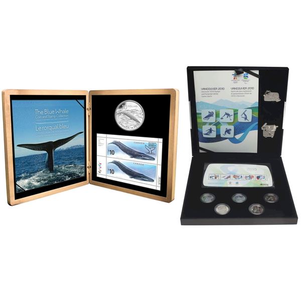 2010 Blue Whale - Sterling Silver Coin & Stamp Set & 2010 Vancouver Silver Collector's Set issued by