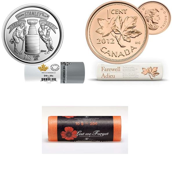 2012 1c Farewell to the Penny, 2017 25c The Stanley Cup, 125th Anniversary, 2004 25c  Poppy Coloured