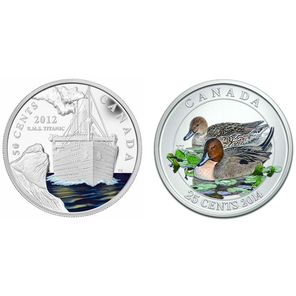 2012 50c R.M.S.Titanic - Silver-Plated Coin & 2014 25¢ Ducks of Canada: Pintail Duck.