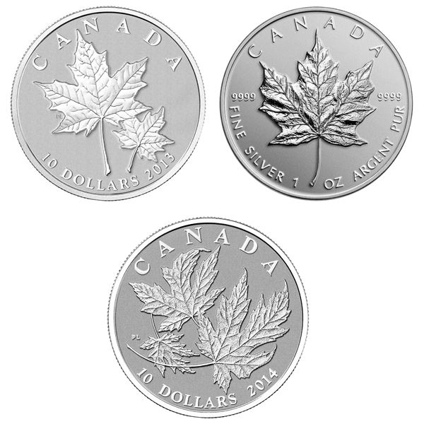 2013 $10 Maple Leaf, 2014 $5 High Relief Special Edition Maple Leaf & 2014 $10 Silver Maple Leaf - L