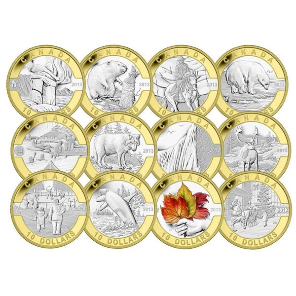 2013 $10 O Canada Series - Pure Silver 12-Coin Set with Gold Plating.  Tax Exempt.