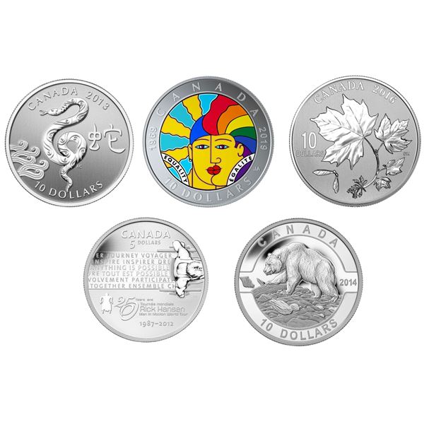 2013 $10 Year of the Snake, 2014 $10 O Canada: Grizzly Bear, 2016 $10 Canadian Maple Leaves, 2019 $1