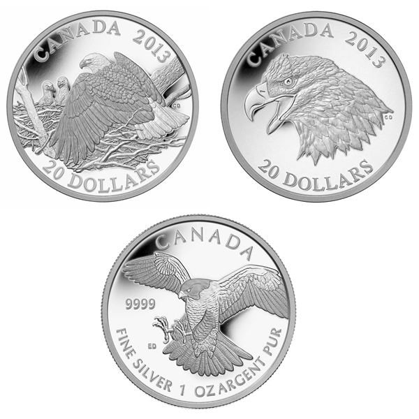 2013 $20 The Bald Eagle: Mother Protecting Her Eaglets, 2013 Portrait of Power & 2014 $5 Peregrine F