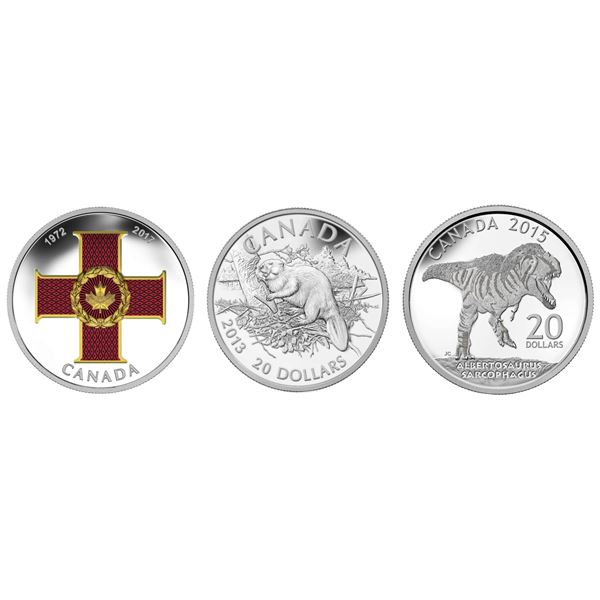 2013 $20 The Beaver, 2017 $20 Canadian Honours: Cross of Valour & 2015 $20 Canadian Dinosaurs: Alber