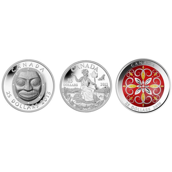 2013 $25 Grandmother Moon Mask, An Allegory & 2015 $25 Christmas Ornament - Lot of 3 Pure Silver Coi