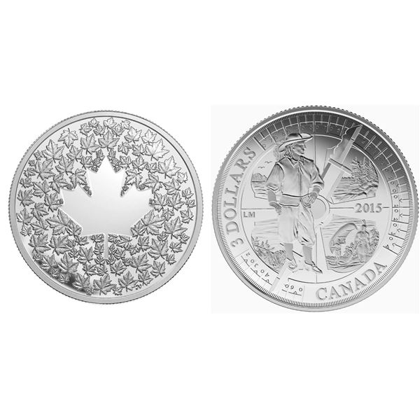 2013 $3 Maple Leaf Impression & 2015 $3 Samuel de Champlain in Huronia, 400th Anniversary - Lot of 2