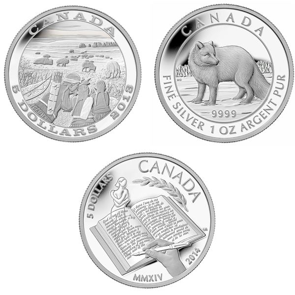 2013 $5 Tradition of Hunting: Bison, 2014 $5 Arctic Fox & Alice Munro (2) - Lot of 4 Pure Silver Coi