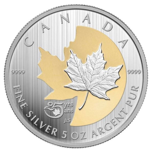 2013 $50 The Silver Maple Leaf, 25th Anniversary - Select Gold Plated Pure Silver Coin.  Tax Exempt.