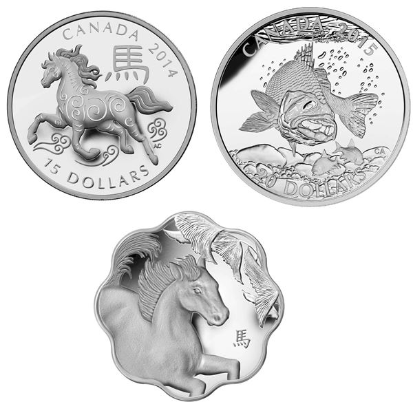 2014 $15 Year of the Horse, Lunar Lotus Year of the Horse & 2015 $20 North American Sportfish walley