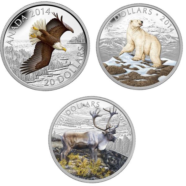 2014 $20 Soaring Bald Eagle, Iconic Polar Bear & The Caribou - Lot of 3 Pure Silver Coins.  Tax Exem