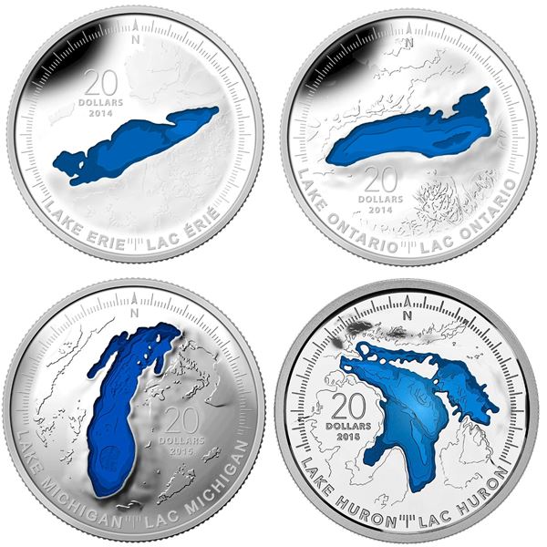 2014 $20 The Great Lakes: Lake Erie, Lake Michigan, Lake Ontario & Lake Huron.  Lot of 4 single coin