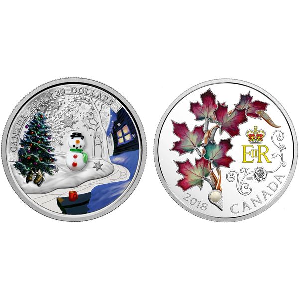 2014 $20 Venetian Glass Snowman & 2018 $20 Queen Elizabeth II's Maple Leaves Brooch with Pearl - Lot