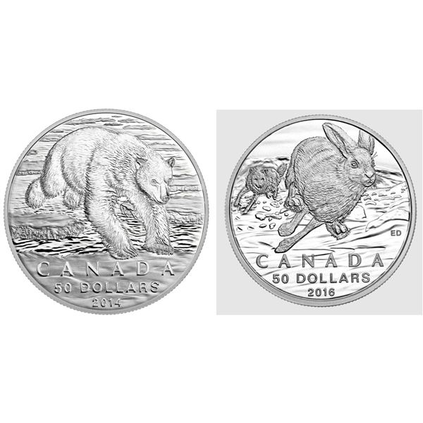 2014(3) $50 for $50 Iconic Polar Bear - Pure Silver Coin, 2016 $50 for $50 Hare Fine Silver Coin.  L