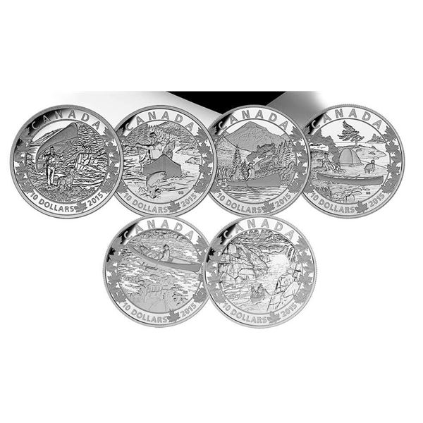 2015 $10 Canoe Across Canada - Pure Silver 6-Coin Set.  All singles w/1 x COA.  Tax Exempt.