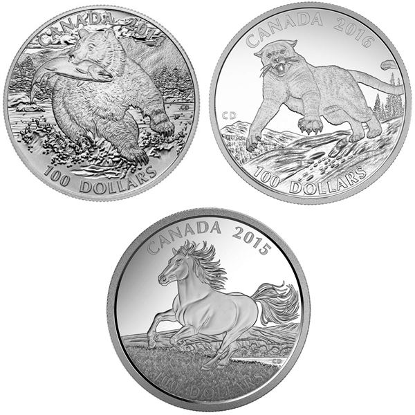 2015 $100 for $100 Grizzly, Bald Eagle, 2015 Horse & 2016 Cougar - Lot of 6 Pure Silver Coins.  Tax 
