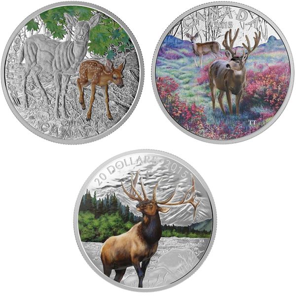 2015 $20 Baby Animals: White-Tailed Deer, Misty Morning Mule Deer & Majestic Elk - Lot of 3 Pure Sil