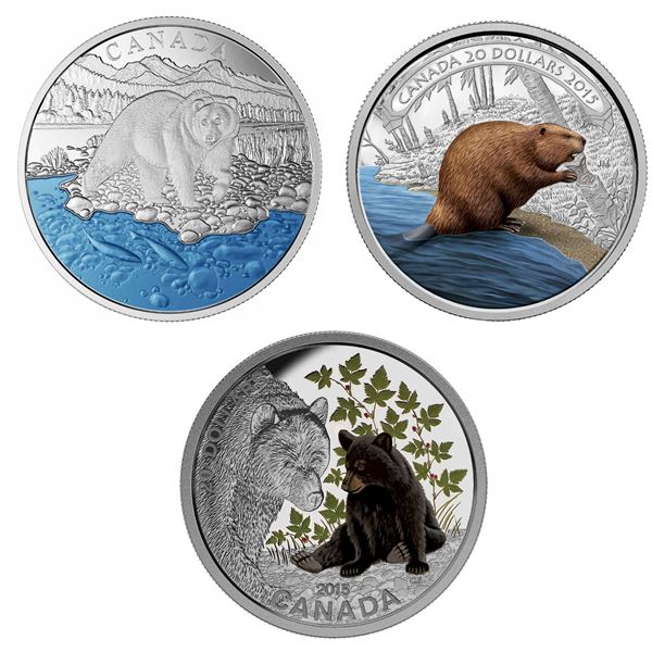 2015 $20 Beaver at Work, Baby Animals: Black Bear & 2017 $20 Iconic Canada: The Grizzly Bear - Pure 