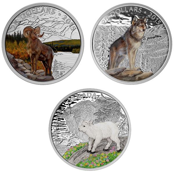 2015 $20 Bighorn Sheep, Imposing Alpha Wolf &  Mountain Goat - Lot of 3 Pure Silver Coins.  Tax Exem