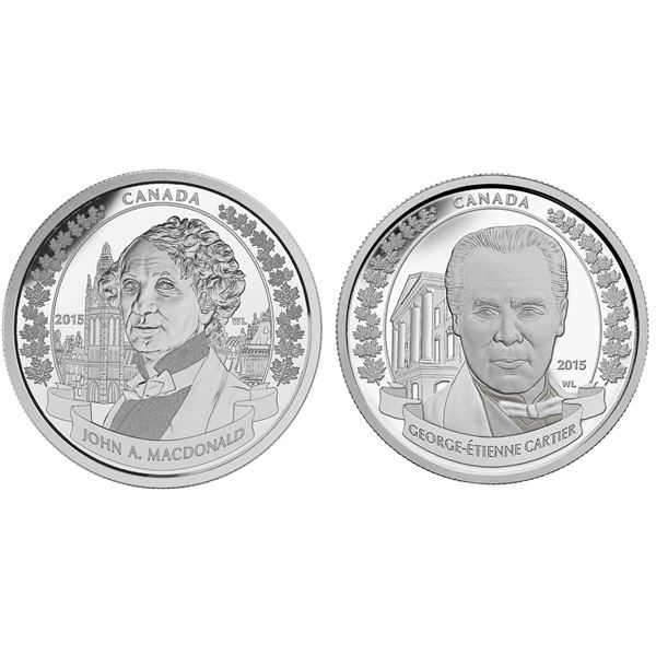 2015 $20 Sir John A. Macdonald & George-Etienne Cartier - Lot of 2 Pure Silver Coins.  Tax Exempt.