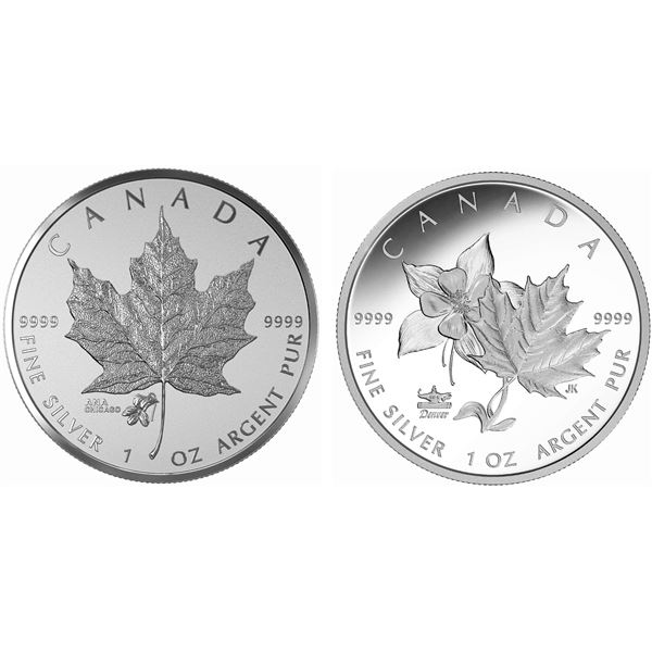 2015 $5 Maple Leaf ANA Privy: Chicago Violet & 2017 $5 ANA World's Money Fair - Lot of 2 Pure Silver