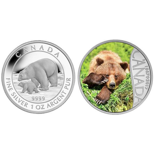 2015 $5 Polar Bear and Cub & 2017 $10 Celebrating Canada's 150th: Grizzly Bear (British Columbia) - 
