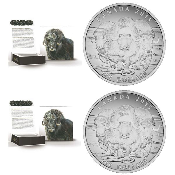 2015(2) $100 for $100 Musk Ox - Pure Silver Coin.  Lot of 2 coins.  Tax Exempt.