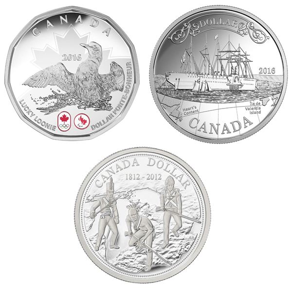 2016 $1 Lucky Loonie(2), $1 The Transatlantic Cable, 150th Anniversary(2) &  2012 $1 The War of 1812