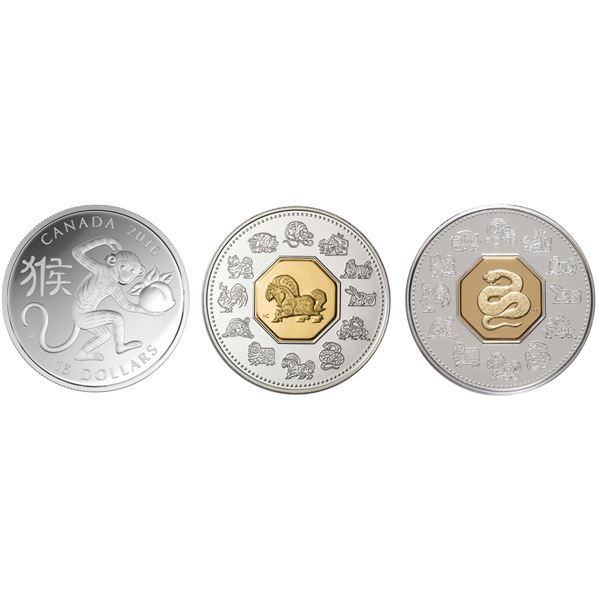 2016 $15 Year of the Monkey, 2002 $15 Year of the Horse & 2001 Snake - Sterling Silver Coin and Stam