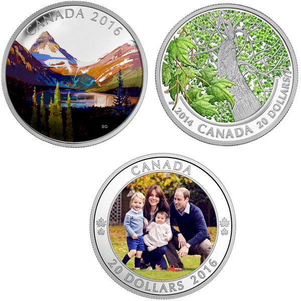 2016 $20 Canadian Landscape Series: The Lake,  2016 A Royal Tour & 2014 $20 Maple Canopy: Spring Spl