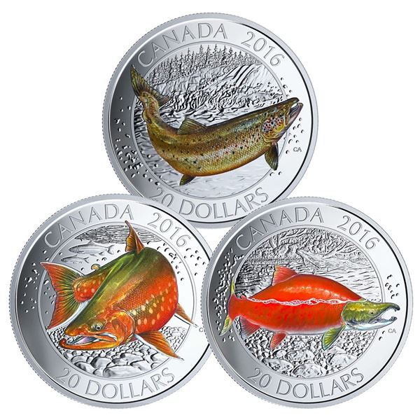 2016 $20 Canadian Salmonid - Pure Silver 3 Coin Set with Display Case and Fishing Hook.  Tax Exempt.
