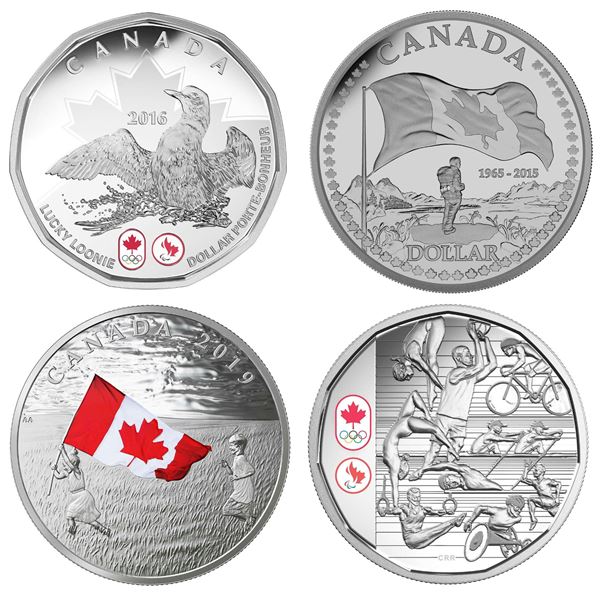 2017 $1 Lucky Loonie, 2015 $1 The Canadian Flag, 50th Anniversary, 2016 $1 Celebrating Canadian Athl