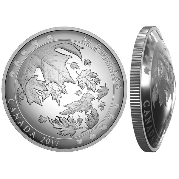 2017 $50 Maple Leaves in Motion - Pure Silver Convex Coin.  Tax Exempt.