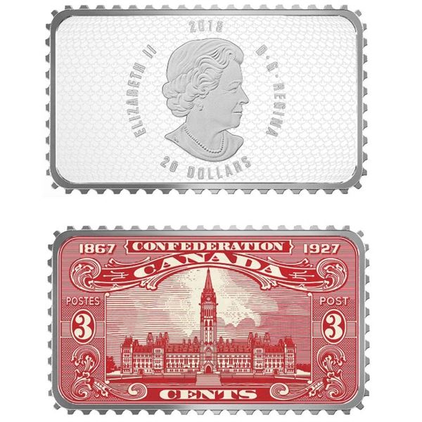 2018 $20 Canada's Historical Stamps: Parliament Building 1927 Confederation - Pure Silver Coin.  No 