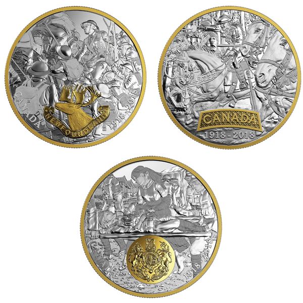 2018 $20 First World War Allied Forces: Newfoundland, Canada & Great Britain - Lot of 3 Pure Silver 