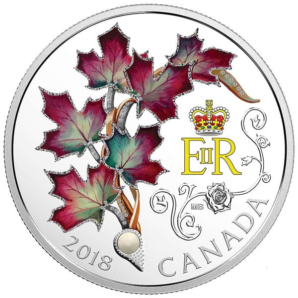2018 $20 Queen Elizabeth II's Maple Leaves Brooch with Pearl - Pure Silver Coin.  Tax Exempt.