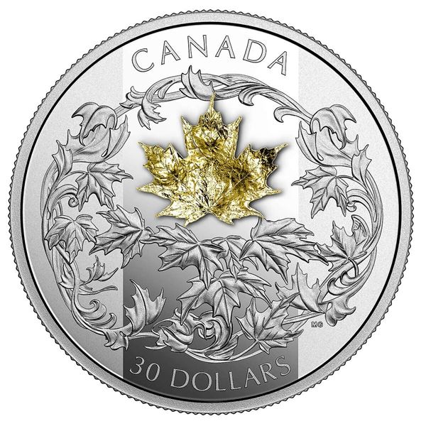 2018 $30 Falling 3D Gold Maple Leaf - Pure Silver + 18K Gold.  Tax Exempt.
