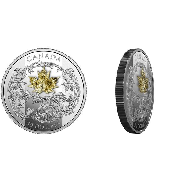 2018 $30 Falling 3D Gold Maple Leaf - Pure Silver + 18K Gold.  Tax Exempt.