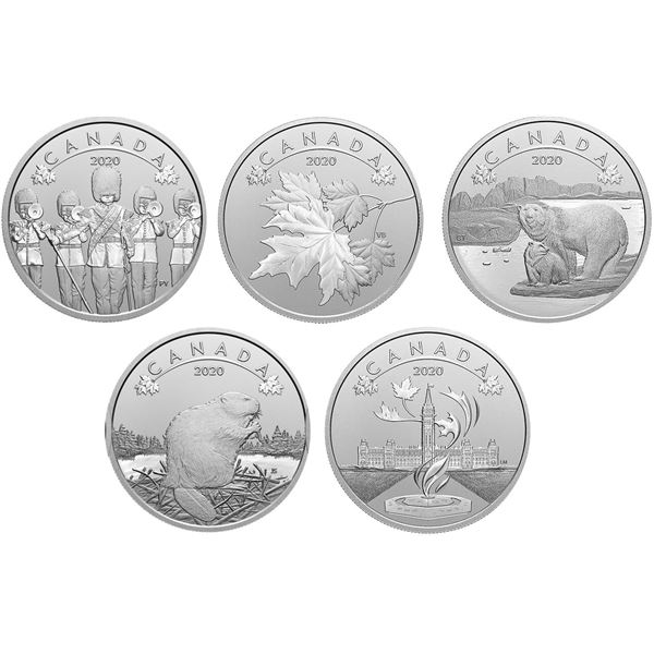 2020 $10 O Canada - Beaver, The Guard, Maple, Parliament, Polar Bears.  Lot of 5 Pure Silver Singles