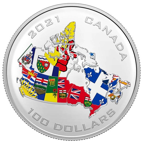 2021 $100 Canada's Provincial and Territorial Flags - Pure Silver Coins.  Tax Exempt.