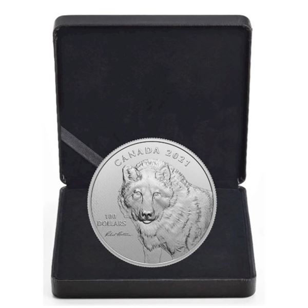 2021 $100 Wolf Sketch, By Robert Bateman - Pure Silver Coin.  No outter box.  Tax Exempt.