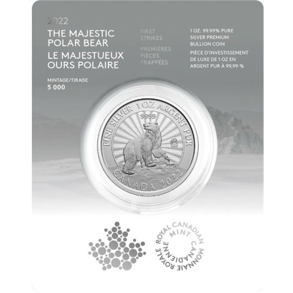 2022 $5 First Strikes: The Majestic Polar Bears - Fine Silver Coin.  No outter box.  Tax Exempt.