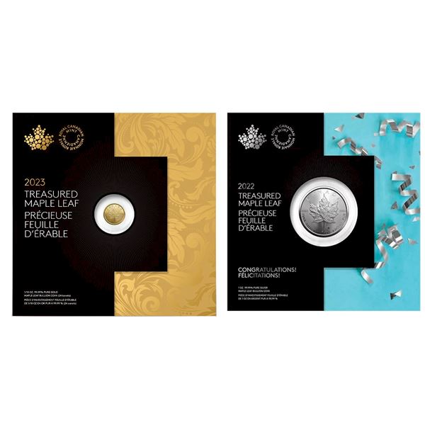 2022 $5 Treasured Silver Maple Leaf: Congratulations &2023 $5 Treasured Gold Maple Leaf.  Lot of 2 c