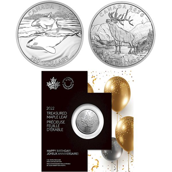 2022 $5 Treasured Silver Maple Leaf: Happy Birthday, 2016 $100 for $100 Orca Whale & The Noble Elk  