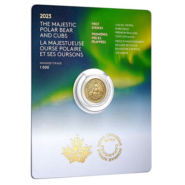2023 $5 First Strikes: Majestic Polar Bear and Cubs - Pure Gold Coin.  Tax Exempt.