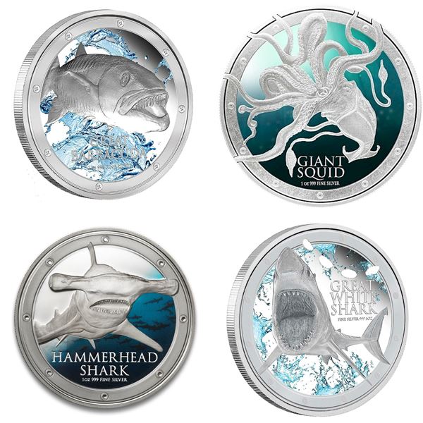 New Zealand Mint;  2015 $2 Ocean Predators: Great Barracuda, Great White Shark, Hammerhead Shark & G